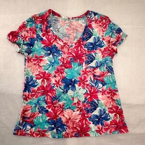 Dept 222 Womens Floral V-Neck Pocket T-Shirt Pink Blue Tropical Tee Large